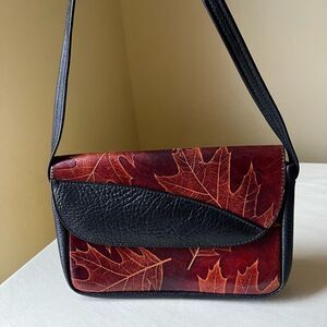 Vintage Maple Leaf Embossed Leather Crossbody Bag Black Brown Two-Tone Boho Art